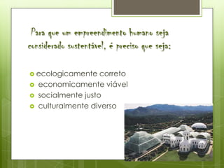 Para que um empreendimento humano seja
considerado sustentável, é preciso que seja:

 ecologicamente     correto
   economicamente viável
   socialmente justo
   culturalmente diverso
 