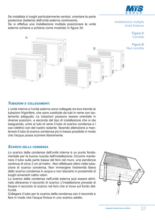 Se installata in luoghi particolarmente ventosi, orientare la parte
posteriore (batteria) dell'unità esterna controvento.
Se si effettua una installazione multipla posizionare le unità
esterne schiena a schiena come mostrato in figura 30.

Installazione multipla
Unità Esterne
Figura A
Corretta

A

B

TUBAZIONI

Figura B
Non corretta

E COLLEGAMENTI

L'unità interna e l'unità esterna sono collegate tra loro tramite le
tubazioni frigorifere, che sono costituite da tubi in rame con isolamento adeguato. Le tubazioni possono essere orientate in
diverse posizioni, a seconda del tipo di installazione che si sta
eseguendo, unire ai tubi di rame il tubo di scarico condensa e i
cavi elettrici con del nastro isolante facendo attenzione a mantenere il tubo di scarico condensa più in basso possibile in modo
che l'acqua possa scorrere liberamente.

SCARICO

DELLA CONDENSA

Lo scarico della condensa dell'unità interna è un punto fondamentale per la buona riuscita dell'installazione. Occorre mantenere il tubo sulla parte bassa del foro nel muro, una pendenza
continua di circa 3 cm al metro . Non effettuare sifoni nella tubazione di scarico condensa. Non immergere l'estremità libera
dello scarico condensa in acqua e non lasciarlo in prossimità di
luoghi emananti cattivi odori.
Lo scarico della condensa nell'unità esterna può essere eliminato attraverso il raccordo di scarico. L'installazione prevede di
fissare il raccordo di scarico nel foro che si trova sul fondo dell'unità.
Collegare il tubo per lo scarico della condensa con il raccordo e
fare in modo che l'acqua finisca in uno scarico adatto.

Il seguente manuale è per uso interno

37

 