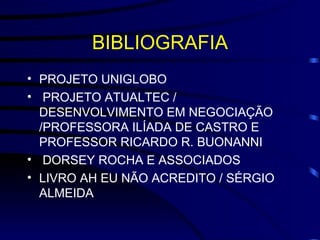 BIBLIOGRAFIA PROJETO UNIGLOBO PROJETO ATUALTEC / DESENVOLVIMENTO EM NEGOCIAÇÃO /PROFESSORA ILÍADA DE CASTRO E PROFESSOR RICARDO R. BUONANNI  DORSEY ROCHA E ASSOCIADOS  LIVRO AH EU NÃO ACREDITO / SÉRGIO ALMEIDA 