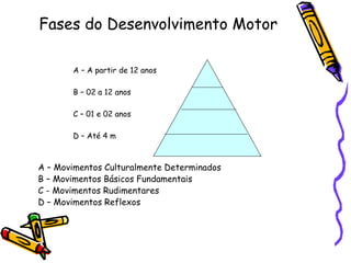 Fases do Desenvolvimento Motor
A – A partir de 12 anos
B – 02 a 12 anos
C – 01 e 02 anos
D – Até 4 m
A – Movimentos Culturalmente Determinados
B – Movimentos Básicos Fundamentais
C - Movimentos Rudimentares
D – Movimentos Reflexos
 