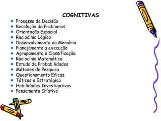 COGNITIVAS
Processo de Decisão
Resolução de Problemas
Orientação Espacial
Raciocínio Lógico
Desenvolvimento da Memória
Planejamento a execução
Agrupamento e Classificação
Raciocínio Matemático
Estudo de Probabilidades
Métodos de Pesquisa
Questionamento Eficaz
Táticas e Estratégica
Habilidades Investigativas
Pensamento Criativo
 