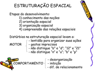 ESTRUTURAÇÃO ESPACIAL
Etapas do desenvolvimento:
1) conhecimento das noções
2) orientação espacial
3) organização espacial
4) compreensão das relações espaciais
Distúrbios na estruturação espacial levam a:
- lentidão para organizar suas ações
MOTOR - gestos imprecisos
- não distingue “b” e “d”; “12” e “21”
- não distingue “n” e “u”; “b” e “p”
- desorganização
COMPORTAMENTO - inibição
- dif. de relacionamento
 