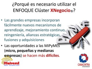¿Porqué es necesario utilizar el 
ENFOQUE Clúster XNegocio®? 
• Las grandes empresas incorporan 
fácilmente nuevos mecanismos de 
aprendizaje, mejoramiento continuo, 
reingeniería, alianzas estratégicas, 
fusiones y adquisiciones 
• Las oportunidades a las MiPyMEs 
(micro, pequeñas y medianas 
empresas) se hacen más difíciles. 
 