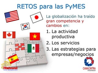 RETOS para las PyMES 
La globalización ha traído 
gran competencia y 
cambios en: 
1. La actividad 
productiva 
2. Los servicios 
3. Las estrategias para 
empresas/negocios 
 