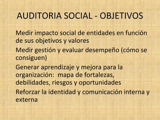 AUDITORIA SOCIAL - OBJETIVOS
Medir impacto social de entidades en función
de sus objetivos y valores
Medir gestión y evaluar desempeño (cómo se
consiguen)
Generar aprendizaje y mejora para la
organización: mapa de fortalezas,
debilidades, riesgos y oportunidades
Reforzar la identidad y comunicación interna y
externa
 