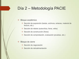 Día 2 – Metodología PACIE
 Bloque académico
 Sección de exposición (textos, archivos, enlaces, material de
lectura, etc.)
 Sección de rebote (autocrítica, foros, wikis)
 Sección de construcción (foros)
 Sección de comprobación, evaluación (pruebas, etc.)
 Bloque de cierre
 Sección de negociación
 Sección de retroalimentación
 