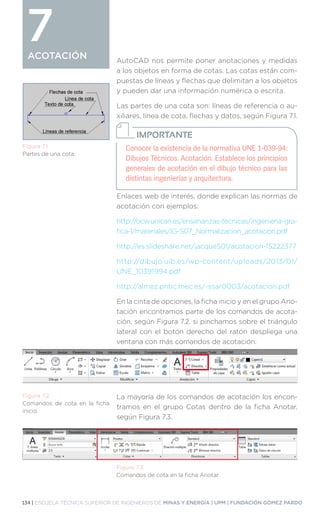 134 | ESCUELA TÉCNICA SUPERIOR DE INGENIEROS DE MINAS Y ENERGÍA | UPM | FUNDACIÓN GÓMEZ PARDO
ACOTACIÓN
ACOTACIÓN
7 AutoCAD nos permite poner anotaciones y medidas
a los objetos en forma de cotas. Las cotas están com-
puestas de líneas y flechas que delimitan a los objetos
y pueden dar una información numérica o escrita.
Las partes de una cota son: líneas de referencia o au-
xiliares, línea de cota, flechas y datos, según Figura 7.1.
Enlaces web de interés, donde explican las normas de
acotación con ejemplos:
http:/
/ocw.unican.es/ensenanzas-tecnicas/ingenieria-gra-
fica-1/materiales/IG-S07_Normalizacion_acotacion.pdf
http://es.slideshare.net/jacque501/acotacion-15222377
http://dibujo.uib.es/wp-content/uploads/2013/01/
UNE_10391994.pdf
http://almez.pntic.mec.es/~ssar0003/acotacion.pdf
En la cinta de opciones, la ficha inicio y en el grupo Ano-
tación encontramos parte de los comandos de acota-
ción, según Figura 7.2. si pinchamos sobre el triángulo
lateral con el botón derecho del ratón despliega una
ventana con más comandos de acotación.
La mayoría de los comandos de acotación los encon-
tramos en el grupo Cotas dentro de la ficha Anotar,
según Figura 7.3.
Figura 7.1.
Partes de una cota.
Figura 7.3.
Comandos de cota en la ficha Anotar.
Conocer la existencia de la normativa UNE 1-039-94:
Dibujos Técnicos. Acotación. Establece los principios
generales de acotación en el dibujo técnico para las
distintas ingenierías y arquitectura.
IMPORTANTE
Figura 7.2.
Comandos de cota en la ficha
inicio.
 