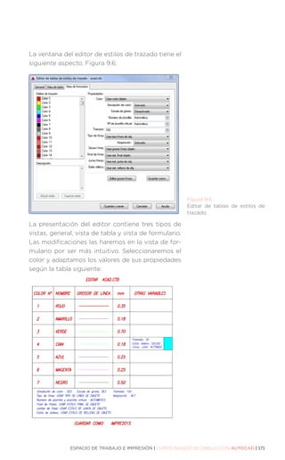 ESPACIO DE TRABAJO E IMPRESIÓN | CURSO BÁSICO DE DIBUJO CON AUTOCAD | 171
La ventana del editor de estilos de trazado tiene el
siguiente aspecto, Figura 9.6.
La presentación del editor contiene tres tipos de
vistas, general, vista de tabla y vista de formulario.
Las modificaciones las haremos en la vista de for-
mulario por ser más intuitivo. Seleccionaremos el
color y adaptamos los valores de sus propiedades
según la tabla siguiente:
Figura 9.6.
Editar de tablas de estilos de
trazado.
 