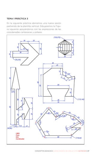 CONCEPTOS BÁSICOS | CURSO BÁSICO DE DIBUJO CON AUTOCAD | 47
TEMA 1 PRÁCTICA 3
En la siguiente práctica abriremos una nueva sesión
partiendo de la plantilla vertical. Dibujaremos la Figu-
ra siguiente apoyándonos con las expresiones de las
coordenadas cartesianas y polares.
 
