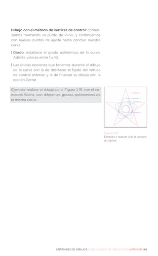 ENTIDADES DE DIBUJO | CURSO BÁSICO DE DIBUJO CON AUTOCAD | 61
Dibujo con el método de vértices de control: comen-
zamos marcando un punto de inicio, y continuamos
con nuevos puntos de ajuste hasta concluir nuestra
curva.
| Grado: establece el grado polinómico de la curva.
Admite valores entre 1 y 10.
| 
Las únicas opciones que tenemos durante el dibujo
de la curva son la de desHacer el fijado del vértice
de control anterior, y la de finalizar su dibujo con la
opción Cerrar.
Ejemplo: realizar el dibujo de la Figura 2.15. con el co-
mando Spline, con diferentes grados polinómicos de
la misma curva.
Figura 2.15.
Ejemplo a realizar con el coman-
do Spline.
 