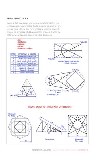 REFERENCIA A OBJETOS | CURSO BÁSICO DE DIBUJO CON AUTOCAD | 69
TEMA 3 PRÁCTICA 1
Realizar la Figura que se muestra practicando las refe-
rencias a objetos simples. En la tabla se enumeran las
rectas para utilizar las referencias a objetos especifi-
cadas. Se empieza el dibujo por las líneas a trazos de
color azul, utilizando los comandos descritos.
 