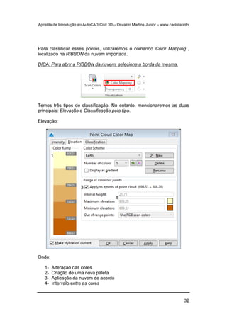 Apostila de Introdução ao AutoCAD Civil 3D – Osvaldo Martins Junior – www.cadista.info
32
Para classificar esses pontos, utilizaremos o comando Color Mapping ,
localizado na RIBBON da nuvem importada.
DICA: Para abrir a RIBBON da nuvem, selecione a borda da mesma.
Temos três tipos de classificação. No entanto, mencionaremos as duas
principais: Elevação e Classificação pelo tipo.
Elevação:
Onde:
1- Alteração das cores
2- Criação de uma nova paleta
3- Aplicação da nuvem de acordo
4- Intervalo entre as cores
1
3
2
4
 