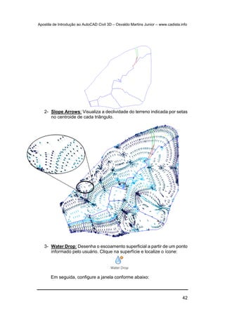 Apostila de Introdução ao AutoCAD Civil 3D – Osvaldo Martins Junior – www.cadista.info
42
2- Slope Arrows: Visualiza a declividade do terreno indicada por setas
no centroide de cada triângulo.
3- Water Drop: Desenha o escoamento superficial a partir de um ponto
informado pelo usuário. Clique na superfície e localize o ícone:
Em seguida, configure a janela conforme abaixo:
 