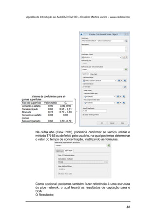 Apostila de Introdução ao AutoCAD Civil 3D – Osvaldo Martins Junior – www.cadista.info
48
Na outra aba (Flow Path), podemos confirmar se vamos utilizar o
método TR-55 ou definido pelo usuário, na qual podemos determinar
o valor do tempo de concentração, inutilizando as formulas.
Como opcional, podemos também fazer referência à uma estrutura
do pipe network, o qual levará os resultados de captação para o
SSA.
O Resultado:
 