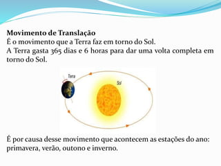 Movimento de Translação 
É o movimento que a Terra faz em torno do Sol. 
A Terra gasta 365 dias e 6 horas para dar uma volta completa em 
torno do Sol. 
É por causa desse movimento que acontecem as estações do ano: 
primavera, verão, outono e inverno. 
 