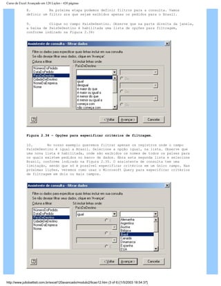 Curso de Excel Avançado em 120 Lições - 420 páginas
8. Na próxima etapa podemos definir filtros para a consulta. Vamos
definir um filtro ara que sejam exibidos apenas os pedidos para o Brasil.
9. Clique no campo PaísDeDestino. Observe que na parte direita da janela,
a baixa de PaísDeDestino é habilitada uma lista de opções para filtragem,
conforme indicado na Figura 2.34:
Figura 2.34 – Opções para especificar critérios de filtragem.
10. No nosso exemplo queremos filtrar apenas os registros onde o campo
PaísDeDestino é igual a Brasil. Selecione a opção igual, na lista. Observe que
uma nova lista é habilitada, onde são exibidos os nomes de todos os países para
os quais existem pedidos no banco de dados. Abra esta segunda lista e selecione
Brasil, conforme indicado na Figura 2.35. O assistente de consulta tem uma
limitação, sendo que só é possível especificar critérios em um único campo. Nas
próximas lições, veremos como usar o Microsoft Query para especificar critérios
de filtragem em dois ou mais campos.
http://www.juliobattisti.com.br/excel120avancado/modulo2/licao12.htm (3 of 6) [1/5/2003 18:54:37]
 