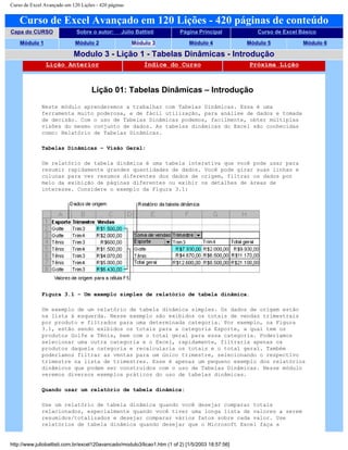 Curso de Excel Avançado em 120 Lições - 420 páginas
Curso de Excel Avançado em 120 Lições - 420 páginas de conteúdo
Capa do CURSO Sobre o autor: Júlio Battisti Página Principal Curso de Excel Básico
Módulo 1 Módulo 2 Módulo 3 Módulo 4 Módulo 5 Módulo 6
Modulo 3 - Lição 1 - Tabelas Dinâmicas - Introdução
Lição Anterior Índice do Curso Próxima Lição
Lição 01: Tabelas Dinâmicas – Introdução
Neste módulo aprenderemos a trabalhar com Tabelas Dinâmicas. Essa é uma
ferramenta muito poderosa, e de fácil utilização, para análise de dados e tomada
de decisão. Com o uso de Tabelas Dinâmicas podemos, facilmente, obter múltiplas
visões do mesmo conjunto de dados. As tabelas dinâmicas do Excel são conhecidas
como: Relatório de Tabelas Dinâmicas.
Tabelas Dinâmicas – Visão Geral:
Um relatório de tabela dinâmica é uma tabela interativa que você pode usar para
resumir rapidamente grandes quantidades de dados. Você pode girar suas linhas e
colunas para ver resumos diferentes dos dados de origem, filtrar os dados por
meio da exibição de páginas diferentes ou exibir os detalhes de áreas de
interesse. Considere o exemplo da Figura 3.1:
Figura 3.1 – Um exemplo simples de relatório de tabela dinâmica.
Um exemplo de um relatório de tabela dinâmica simples. Os dados de origem estão
na lista à esquerda. Nesse exemplo são exibidos os totais de vendas trimestrais
por produto e filtrados para uma determinada categoria. Por exemplo, na Figura
3.1, estão sendo exibidos os totais para a categoria Esporte, a qual tem os
produtos Golfe e Tênis, bem com o total geral para essa categoria. Poderíamos
selecionar uma outra categoria e o Excel, rapidamente, filtraria apenas os
produtos daquela categoria e recalcularia os totais e o total geral. Também
poderíamos filtrar as ventas para um único trimestre, selecionando o respectivo
trimestre na lista de trimestres. Esse é apenas um pequeno exemplo dos relatórios
dinâmicos que podem ser construídos com o uso de Tabelas Dinâmicas. Nesse módulo
veremos diversos exemplos práticos do uso de tabelas dinâmicas.
Quando usar um relatório de tabela dinâmica:
Use um relatório de tabela dinâmica quando você desejar comparar totais
relacionados, especialmente quando você tiver uma longa lista de valores a serem
resumidos/totalizados e desejar comparar vários fatos sobre cada valor. Use
relatórios de tabela dinâmica quando desejar que o Microsoft Excel faça a
http://www.juliobattisti.com.br/excel120avancado/modulo3/licao1.htm (1 of 2) [1/5/2003 18:57:56]
 