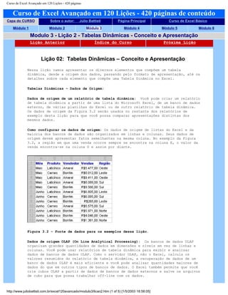 Curso de Excel Avançado em 120 Lições - 420 páginas
Curso de Excel Avançado em 120 Lições - 420 páginas de conteúdo
Capa do CURSO Sobre o autor: Júlio Battisti Página Principal Curso de Excel Básico
Módulo 1 Módulo 2 Módulo 3 Módulo 4 Módulo 5 Módulo 6
Modulo 3 - Lição 2 - Tabelas Dinâmicas - Conceito e Apresentação
Lição Anterior Índice do Curso Próxima Lição
Lição 02: Tabelas Dinâmicas – Conceito e Apresentação
Nessa lição vamos apresentar os diversos elementos que compõem um tabela
dinâmica, desde a origem dos dados, passando pelo formato de apresentação, até os
detalhes sobre cada elemento que compõe uma Tabela Dinâmica no Excel.
Tabelas Dinâmicas – Dados de Origem:
Dados de origem de um relatório de tabela dinâmica: Você pode criar um relatório
de tabela dinâmica a partir de uma lista do Microsoft Excel, de um banco de dados
externo, de várias planilhas do Excel ou de outro relatório de tabela dinâmica.
Os dados de origem da Figura 3.2 serão usados no restante dos relatórios de
exemplo desta lição para que você possa comparar apresentações distintas dos
mesmos dados.
Como configurar os dados de origem: Os dados de origem de listas do Excel e da
maioria dos bancos de dados são organizados em linhas e colunas. Seus dados de
origem devem apresentar fatos semelhantes na mesma coluna. No exemplo da Figura
3.2, a região em que uma venda ocorre sempre se encontra na coluna E, o valor da
venda encontra-se na coluna D e assim por diante.
Figura 3.2 – Fonte de dados para os exemplos dessa lição.
Dados de origem OLAP (On Line Analytical Processing): Os bancos de dados OLAP
organizam grandes quantidades de dados em dimensões e níveis em vez de linhas e
colunas. Você pode usar relatórios de tabela dinâmica para exibir e analisar
dados de bancos de dados OLAP. Como o servidor OLAP, não o Excel, calcula os
valores resumidos do relatório de tabela dinâmica, a recuperação de dados de um
banco de dados OLAP é mais eficiente e você pode analisar quantidades maiores de
dados do que em outros tipos de bancos de dados. O Excel também permite que você
crie cubos OLAP a partir de dados de bancos de dados externos e salve os arquivos
de cubo para que possa trabalhar off-line com os dados.
http://www.juliobattisti.com.br/excel120avancado/modulo3/licao2.htm (1 of 5) [1/5/2003 18:58:05]
 