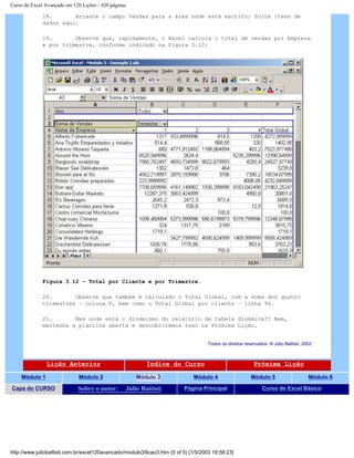 Curso de Excel Avançado em 120 Lições - 420 páginas
18. Arraste o campo Vendas para a área onde está escrito: Solte itens de
dados aqui.
19. Observe que, rapidamente, o Excel calcula o total de vendas por Empresa
e por trimestre, conforme indicado na Figura 3.12:
Figura 3.12 – Total por Cliente e por Trimestre.
20. Observe que também é calculado o Total Global, com a soma dos quatro
trimestres – coluna F, bem como o Total Global por cliente – linha 94.
21. Mas onde está o dinamismo do relatório de tabela dinâmica?? Bem,
mantenha a planilha aberta e descobriremos isso na Próxima Lição.
Todos os direitos reservados: ® Júlio Battisti, 2002
Lição Anterior Índice do Curso Próxima Lição
Módulo 1 Módulo 2 Módulo 3 Módulo 4 Módulo 5 Módulo 6
Capa do CURSO Sobre o autor: Júlio Battisti Página Principal Curso de Excel Básico
http://www.juliobattisti.com.br/excel120avancado/modulo3/licao3.htm (5 of 5) [1/5/2003 18:58:23]
 