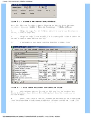 Curso de Excel Avançado em 120 Lições - 420 páginas
Figura 3.18 – A Barra de Ferramentas Tabela Dinâmica.
Nota: Se a barra de ferramentas Tabela Dinâmica não estiver sendo exibida,
selecione o comando: Exibir -> Barra de ferramentas -> Tabela dinâmica.
5. Clique no campo País de Destino e arraste-o para a área de campos de
página, ao lado do campo Ano.
6. Clique no campo Cidade de Destino e arraste-o para a área de campos de
página, ao lado do campo País de Destino.
7. A sua planilha deve estar conforme indicado na Figura 3.19:
Figura 3.19 – Novos campos adicionados como campos de página.
8. Agora podemos aplicar filtros por Ano, por País de Destino e por
Cidade de Destino. Vamos iniciar filtrando apenas o total de vendas para os
pedidos do Brasil.
9. Abra a lista País de Destino. Observe que são exibidos os valores para
todos os países para os quais existem pedidos, conforme indicado na Figura 3.20:
http://www.juliobattisti.com.br/excel120avancado/modulo3/licao5.htm (2 of 4) [1/5/2003 18:58:50]
 