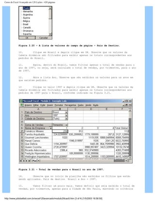 Curso de Excel Avançado em 120 Lições - 420 páginas
Figura 3.20 – A lista de valores do campo de página – País de Destino.
10. Clique em Brasil e depois clique em OK. Observe que os valores da
tabela dinâmica são filtrados para exibir apenas os totais correspondentes aos
pedidos do Brasil.
11. Agora, dentro do Brasil, vamos filtrar apenas o total de vendas para o
ano de 1997, ou seja, será calculado o total de vendas, por trimestre, para o ano
de 1997.
12. Abra a lista Ano. Observe que são exibidos os valores para os anos em
que existem pedidos.
13 Clique no valor 1997 e depois clique em OK. Observe que os valores da
tabela dinâmica são filtrados para exibir apenas os totais correspondentes aos
pedidos de 1997 para o Brasil, conforme indicado na Figura 3.21.
Figura 3.21 – Total de vendas para o Brasil no ano de 1997.
14. Observe que no início da planilha são exibidos os filtros que estão
sendo aplicados. País de destino Brasil e Ano = 1997.
15. Vamos filtrar um pouco mais. Vamos definir que seja exibido o total de
vendas, por trimestre, apenas para a Cidade de São Paulo, mantendo os critérios
http://www.juliobattisti.com.br/excel120avancado/modulo3/licao5.htm (3 of 4) [1/5/2003 18:58:50]
 