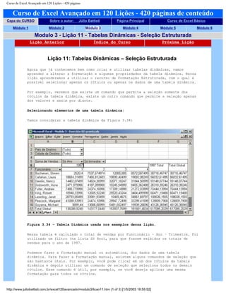 Curso de Excel Avançado em 120 Lições - 420 páginas
Curso de Excel Avançado em 120 Lições - 420 páginas de conteúdo
Capa do CURSO Sobre o autor: Júlio Battisti Página Principal Curso de Excel Básico
Módulo 1 Módulo 2 Módulo 3 Módulo 4 Módulo 5 Módulo 6
Modulo 3 - Lição 11 - Tabelas Dinâmicas - Seleção Estruturada
Lição Anterior Índice do Curso Próxima Lição
Lição 11: Tabelas Dinâmicas – Seleção Estruturada
Agora que já conhecemos bem como criar e utilizar tabelas dinâmicas, vamos
aprender a alterar a formatação e algumas propriedades da tabela dinâmica. Nessa
lição aprenderemos a utilizar o recurso de Formatação Estruturada, com o qual é
possível selecionar apenas os rótulos ou apenas os dados de uma tabela dinâmica.
Por exemplo, veremos que existe um comando que permite a seleção somente dos
rótulos da tabela dinâmica, existe um outro comando que permite a seleção apenas
dos valores e assim por diante.
Selecionando elementos de uma tabela dinâmica:
Vamos considerar a tabela dinâmica da Figura 3.34:
Figura 3.34 – Tabela Dinâmica usada nos exemplos dessa lição.
Nessa tabela é calculado o total de vendas por Funcionário – Ano – Trimestre. Foi
utilizado um filtro (na lista Só Ano), para que fossem exibidos os totais de
vendas para o ano de 1997.
Podemos fazer a formatação manual ou automática, dos dados de uma tabela
dinâmica. Para fazer a formatação manual, existem alguns comandos de seleção que
são bastante úteis. Por exemplo, você pode clicar em um dos rótulos da tabela
dinâmica e depois utilizar um comando de seleção que seleciona todos os demais
rótulos. Esse comando é útil, por exemplo, se você deseja aplicar uma mesma
formatação para todos os rótulos.
http://www.juliobattisti.com.br/excel120avancado/modulo3/licao11.htm (1 of 3) [1/5/2003 18:59:52]
 