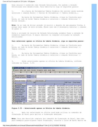 Curso de Excel Avançado em 120 Lições - 420 páginas
Esse recurso é conhecido como Seleção Estruturada. Por padrão a Seleção
Estruturada está desabilitada. Para habilita-la siga os seguintes passos:
1. Se a barra de ferramentas Tabela Dinâmica não estiver sendo exibida
selecione o comando Exibir -> Barras de ferramentas -> Tabela dinâmica...
2. Na barra de ferramentas Tabela Dinâmica, clique na flechinha para
baixo, ao lado do botão Tabela dinâmica e selecione o comando Selecionar ->
Ativar seleção.
Nota: Se ao lado de Ativar seleção já existir o desenho de uma pequena flecha, é
porque essa opção já está ativada. Nesse caso não é necessário executar o comando
do passo 2.
Feita a ativação do recurso de Seleção Estruturada, podemos fazer a seleção de
elementos específicos. A seguir descrevo os comandos utilizados na seleção
estruturada:
Para selecionar apenas os rótulos da tabela dinâmica, siga os seguintes passos:
1. Na barra de ferramentas Tabela Dinâmica, clique na flechinha para
baixo, ao lado do botão Tabela dinâmica e selecione o comando Selecionar ->
Tabela inteira.
2. Na barra de ferramentas Tabela Dinâmica, clique na flechinha para
baixo, ao lado do botão Tabela dinâmica e selecione o comando Selecionar ->
Rótulo.
3. Serão selecionados apenas os rótulos da tabela dinâmica, conforme
indicado na Figura 3.35:
Figura 3.35 – Selecionando apenas os Rótulos da tabela dinâmica.
4. Após ter selecionado os rótulos você pode utilizar os comandos de
formatação do Excel para aplicar a formatação desejada.
Nota: Para uma descrição completa dos comandos de formatação do Excel, bem como
para exemplos passo-a-passo sobre formatação, consulte o Curso de Excel Básico em
http://www.juliobattisti.com.br/excel120avancado/modulo3/licao11.htm (2 of 3) [1/5/2003 18:59:52]
 
