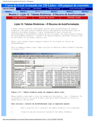 Curso de Excel Avançado em 120 Lições - 420 páginas
Curso de Excel Avançado em 120 Lições - 420 páginas de conteúdo
Capa do CURSO Sobre o autor: Júlio Battisti Página Principal Curso de Excel Básico
Módulo 1 Módulo 2 Módulo 3 Módulo 4 Módulo 5 Módulo 6
Modulo 3 - Lição 12 - Tabelas Dinâmicas - O Recurso de AutoFormatação
Lição Anterior Índice do Curso Próxima Lição
Lição 12: Tabelas Dinâmicas – O Recurso de AutoFormatação
O Excel oferece diversas combinações prontas para autoformatação de tabelas
dinâmicas. Com esse recurso podemos definir uma aparência profissional para um
relatório de tabela dinâmica. O mais interessante é que o recurso de
AutoFormatação é extremamente simples de ser utilizado. Com alguns poucos cliques
de mouse podemos formatar o relatório de tabela dinâmica, aplicando recursos como
cor de fonte, cor de fundo, negrito, etc.
Nessa lição veremos alguns exemplos simples de utilização do recurso de
AutoFormatação.
Para os exemplos dessa lição, vamos utilizar os dados da tabela dinâmica indicada
na Figura 3.37:
Figura 3.37 – Tabela Dinâmica usada nos exemplos dessa lição.
Nessa tabela é calculado o total de vendas por Funcionário – Ano – Trimestre. Foi
utilizado um filtro (na lista Só Ano), para que fossem exibidos os totais de
vendas para o ano de 1997.
Para utilizar o recurso de AutoFormatação siga os seguintes passos:
1. Abra a planilha com o relatório de tabela dinâmica a ser formatado.
2. Clique em uma das células do relatório de tabela dinâmica.
http://www.juliobattisti.com.br/excel120avancado/modulo3/licao12.htm (1 of 5) [1/5/2003 19:00:05]
 