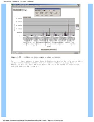 Curso de Excel Avançado em 120 Lições - 420 páginas
Figura 3.58 – Gráfico com dois campos no eixo horizontal.
5. Agora arraste o campo Nome da Empresa do gráfico de volta para a barra
de ferramentas Tabela dinâmica. Com isso estamos retirando o campo Nome da
Empresa do gráfico. Serão exibidos apenas os totais de vendas por funcionário,
conforme indicado na Figura 3.59:
http://www.juliobattisti.com.br/excel120avancado/modulo3/licao17.htm (2 of 4) [1/5/2003 19:00:59]
 