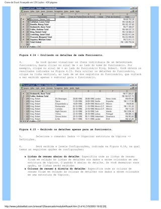 Curso de Excel Avançado em 120 Lições - 420 páginas
Figura 4.14 – Ocultando os detalhes de cada Funcionário.
4. Se você quiser visualizar os itens individuais de um determinado
funcionário, basta clicar no sinal de + ao lado do nome do funcionário. Por
exemplo, clique no sinal de + ao lado do funcionário King, Robert. Você obterá os
resultados indicados na Figura 4.15. Para ocultar os detalhes do funcionário,
clique na linha vertical, ao lado de um dos registros do funcionário, que voltará
a ser exibido apenas o subtotal para o funcionário.
Figura 4.15 – Exibindo os detalhes apenas para um funcionário.
5. Selecione o comando: Dados -> Organizar estrutura da tópicos ->
Definições.
6. Será exibida a janela Configurações, indicada na Figura 4.16, na qual
temos as seguintes opções de configurações:
q Linhas de resumo abaixo do detalhe: Especifica onde as linhas de resumo
ficam em relação às linhas de detalhes nos dados a serem colocados em uma
estrutura de tópicos. O padrão é abaixo do detalhe. Se você desmarcar essa
opção, as linhas serão exibidas
q Colunas de resumo à direita do detalhe: Especifica onde as colunas de
resumo ficam em relação às colunas de detalhes nos dados a serem colocados
em uma estrutura de tópicos.
http://www.juliobattisti.com.br/excel120avancado/modulo4/licao4.htm (3 of 4) [1/5/2003 19:02:20]
 