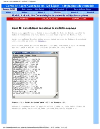 Curso de Excel Avançado em 120 Lições - 420 páginas
Curso de Excel Avançado em 120 Lições - 420 páginas de conteúdo
Capa do CURSO Sobre o autor: Júlio Battisti Página Principal Curso de Excel Básico
Módulo 1 Módulo 2 Módulo 3 Módulo 4 Módulo 5 Módulo 6
Modulo 4 - Lição 10 - Consolidação de dados de múltipolos arquivos
Lição Anterior Índice do Curso Próxima Lição
Lição 10: Consolidação com dados de múltiplos arquivos
Nessa lição aprenderemos a fazer a consolidação de dados no Excel, a partir de
dados de diferentes arquivos. Vamos utilizar dois arquivos no formato .txt.
Nota: Para maiores detalhes sobre acessar dados externos no formato de arquivos
.txt, consulte as lições do Módulo 1.
Utilizaremos dados do arquivo Pedidos – 1997.txt, onde temos o total de vendas
por país, para o ano de 1997, conforme indicado na Figura 4.36:
Figura 4.36 – Total de vendas para 1997 – no formato .txt
Também utilizaremos dados do arquivo Pedidos – 1998.txt, onde temos o total de
vendas por país, para o ano de 1998, conforme indicado na Figura 4.37:
http://www.juliobattisti.com.br/excel120avancado/modulo4/licao10.htm (1 of 7) [1/5/2003 19:03:43]
 