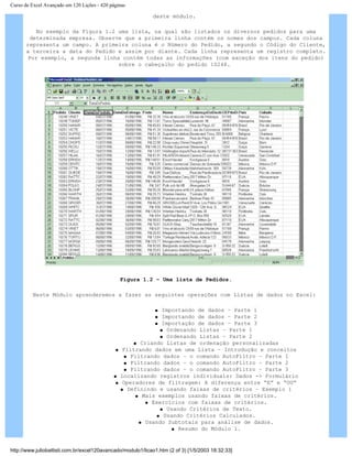 Curso de Excel Avançado em 120 Lições - 420 páginas
deste módulo.
No exemplo da Figura 1.2 uma lista, na qual são listados os diversos pedidos para uma
determinada empresa. Observe que a primeira linha contém os nomes dos campos. Cada coluna
representa um campo. A primeira coluna é o Número do Pedido, a segundo o Código do Cliente,
a terceira a data do Pedido e assim por diante. Cada linha representa um registro completo.
Por exemplo, a segunda linha contém todas as informações (com exceção dos itens do pedido)
sobre o cabeçalho do pedido 10248.
Figura 1.2 – Uma lista de Pedidos.
Neste Módulo aprenderemos a fazer as seguintes operações com Listas de dados no Excel:
q Importando de dados – Parte 1
q Importando de dados – Parte 2
q Importação de dados – Parte 3
q Ordenando Listas – Parte 1
q Ordenando Listas – Parte 2
q Criando Listas de ordenação personalizadas
q Filtrando dados em uma Lista – Introdução e conceitos
q Filtrando dados – o comando AutoFiltro – Parte 1
q Filtrando dados – o comando AutoFiltro – Parte 2
q Filtrando dados – o comando AutoFiltro – Parte 3
q Localizando registros individuais: Dados -> Formulário
q Operadores de filtragem: A diferença entre “E” e “OU”
q Definindo e usando faixas de critérios – Exemplo 1
q Mais exemplos usando faixas de critérios.
q Exercícios com faixas de critérios.
q Usando Critérios de Texto.
q Usando Critérios Calculados.
q Usando Subtotais para análise de dados.
q Resumo do Módulo 1.
http://www.juliobattisti.com.br/excel120avancado/modulo1/licao1.htm (2 of 3) [1/5/2003 18:32:33]
 