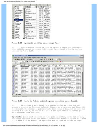 Curso de Excel Avançado em 120 Lições - 420 páginas
Figura 1.28 – Aplicando um filtro para o campo País.
10. Após selecionar Brasil na lista de países, a lista será filtrada e
serão exibidos apenas os pedidos onde o campo País é igual a Brasil, conforme
indicado na Figura 1.29.
Figura 1.29 – Lista de Pedidos exibindo apenas os pedidos para o Brasil.
11. Na prática, o que o Excel faz é apenas ocultar as linhas que não
atendem o critério de filtragem definido. Observe que a numeração das linhas não
é seqüencial. Por exemplo, a primeira linha (sem contar a linha com os nomes das
colunas) é a linha 4, em seguida a linha 7 e assim por diante. As linhas que
estão faltando foram ocultadas.
Importante: Quando você seleciona um valor para AutoFiltro, em uma das colunas,
este valor permanece ativo. Por exemplo, selecionamos Brasil na coluna País. Este
filtro está ativo no momento. Se agora você for na lista de valores do campo
http://www.juliobattisti.com.br/excel120avancado/modulo1/licao9.htm (2 of 4) [1/5/2003 18:38:38]
 