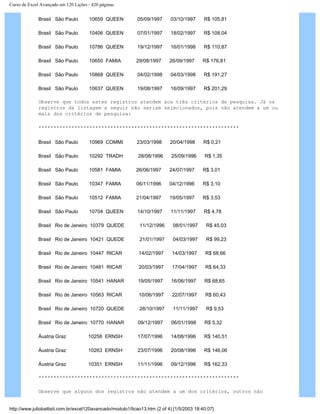 Curso de Excel Avançado em 120 Lições - 420 páginas
Brasil São Paulo 10659 QUEEN 05/09/1997 03/10/1997 R$ 105,81
Brasil São Paulo 10406 QUEEN 07/01/1997 18/02/1997 R$ 108,04
Brasil São Paulo 10786 QUEEN 19/12/1997 16/01/1998 R$ 110,87
Brasil São Paulo 10650 FAMIA 29/08/1997 26/09/1997 R$ 176,81
Brasil São Paulo 10868 QUEEN 04/02/1998 04/03/1998 R$ 191,27
Brasil São Paulo 10637 QUEEN 19/08/1997 16/09/1997 R$ 201,29
Observe que todos estes registros atendem aos três critérios de pesquisa. Já os
registros da listagem a seguir não seriam selecionados, pois não atendem a um ou
mais dos critérios de pesquisa:
*******************************************************************
Brasil São Paulo 10969 COMMI 23/03/1998 20/04/1998 R$ 0,21
Brasil São Paulo 10292 TRADH 28/08/1996 25/09/1996 R$ 1,35
Brasil São Paulo 10581 FAMIA 26/06/1997 24/07/1997 R$ 3,01
Brasil São Paulo 10347 FAMIA 06/11/1996 04/12/1996 R$ 3,10
Brasil São Paulo 10512 FAMIA 21/04/1997 19/05/1997 R$ 3,53
Brasil São Paulo 10704 QUEEN 14/10/1997 11/11/1997 R$ 4,78
Brasil Rio de Janeiro 10379 QUEDE 11/12/1996 08/01/1997 R$ 45,03
Brasil Rio de Janeiro 10421 QUEDE 21/01/1997 04/03/1997 R$ 99,23
Brasil Rio de Janeiro 10447 RICAR 14/02/1997 14/03/1997 R$ 68,66
Brasil Rio de Janeiro 10481 RICAR 20/03/1997 17/04/1997 R$ 64,33
Brasil Rio de Janeiro 10541 HANAR 19/05/1997 16/06/1997 R$ 68,65
Brasil Rio de Janeiro 10563 RICAR 10/06/1997 22/07/1997 R$ 60,43
Brasil Rio de Janeiro 10720 QUEDE 28/10/1997 11/11/1997 R$ 9,53
Brasil Rio de Janeiro 10770 HANAR 09/12/1997 06/01/1998 R$ 5,32
Áustria Graz 10258 ERNSH 17/07/1996 14/08/1996 R$ 140,51
Áustria Graz 10263 ERNSH 23/07/1996 20/08/1996 R$ 146,06
Áustria Graz 10351 ERNSH 11/11/1996 09/12/1996 R$ 162,33
*******************************************************************
Observe que alguns dos registros não atendem a um dos critérios, outros não
http://www.juliobattisti.com.br/excel120avancado/modulo1/licao13.htm (2 of 4) [1/5/2003 18:40:07]
 
