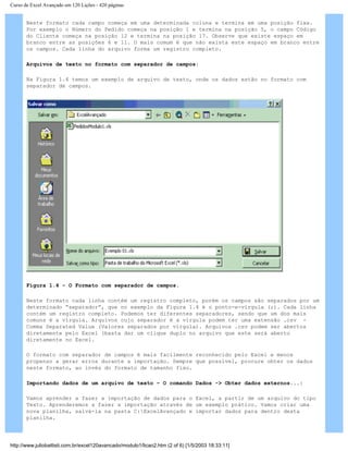 Curso de Excel Avançado em 120 Lições - 420 páginas
Neste formato cada campo começa em uma determinada coluna e termina em uma posição fixa.
Por exemplo o Número do Pedido começa na posição 1 e termina na posição 5, o campo Código
do Cliente começa na posição 12 e termina na posição 17. Observe que existe espaço em
branco entre as posições 6 e 11. O mais comum é que não exista este espaço em branco entre
os campos. Cada linha do arquivo forma um registro completo.
Arquivos de texto no formato com separador de campos:
Na Figura 1.4 temos um exemplo de arquivo de texto, onde os dados estão no formato com
separador de campos.
Figura 1.4 – O Formato com separador de campos.
Neste formato cada linha contém um registro completo, porém os campos são separados por um
determinado “separador”, que no exemplo da Figura 1.4 é o ponto-e-vírgula (;). Cada linha
contém um registro completo. Podemos ter diferentes separadores, sendo que um dos mais
comuns é a vírgula. Arquivos cujo separador é a vírgula podem ter uma extensão .csv -
Comma Separated Value (Valores separados por vírgula). Arquivos .csv podem ser abertos
diretamente pelo Excel (basta dar um clique duplo no arquivo que este será aberto
diretamente no Excel.
O formato com separador de campos é mais facilmente reconhecido pelo Excel e menos
propenso a gerar erros durante a importação. Sempre que possível, procure obter os dados
neste formato, ao invés do formato de tamanho fixo.
Importando dados de um arquivo de texto – O comando Dados -> Obter dados externos...:
Vamos aprender a fazer a importação de dados para o Excel, a partir de um arquivo do tipo
Texto. Aprenderemos a fazer a importação através de um exemplo prático. Vamos criar uma
nova planilha, salvá-la na pasta C:ExcelAvançado e importar dados para dentro desta
planilha.
http://www.juliobattisti.com.br/excel120avancado/modulo1/licao2.htm (2 of 6) [1/5/2003 18:33:11]
 