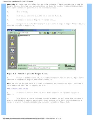 Curso de Excel Avançado em 120 Lições - 420 páginas
Exercício 01: Criar uma nova planilha, salvá-la na pasta C:ExcelAvançado com o nome de
Exemplo 01.xls. Importar para esta planilha, os dados do arquivo PedidosDelimitado.txt.
Para fazer o exercício proposto siga os seguintes passos:
1. Abra o Excel.
2. Será criada uma nova planilha com o nome de Pasta 1.
3. Selecione o comando Arquivo -> Salvar como...
4. Navegue até a pasta ExcelAvançado e para nome do arquivo digite Exemplo 01.xls,
conforme indicado na Figura 1.5.
Figura 1.5 – Criando a planilha Exemplo 01.xls.
5. Clique no botão Salvar. OK, a planilha Exemplo 01.xls foi criada. Agora vamos
importar o conteúdo do arquivo PedidosDelimitado.txt.
Nota: Em caso de dúvidas sobre a criação e salvamento de planilhas no Excel, consulte o
Curso Básico de Excel em 120 Lições, no site:
www.juliobattisti.com.br
6. Selecione o comando Dados -> Obter dados externos -> Importar arquivo de
texto...
7. Será aberta a janela Importar arquivo de texto, na qual você deve informar o
arquivo onde estão os dados a serem importados. Navegue até a pasta C:ExcelAvançado e
marque o arquivo PedidosDelimitado.txt, conforme indicado na Figura 1.6.
http://www.juliobattisti.com.br/excel120avancado/modulo1/licao2.htm (3 of 6) [1/5/2003 18:33:11]
 