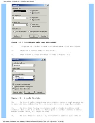 Curso de Excel Avançado em 120 Lições - 420 páginas
Figura 1.61 – Classificando pelo campo Funcionário.
9. Clique em OK. A planilha será classificada pela coluna Funcionário.
10. Selecione o comando Dados -> Subtotais...
11. Será exibida a janela Subtotais indicada na Figura 1.62:
Figura 1.62 – A janela Subtotais.
12. Na lista A cada alteração em, selecionamos o campo no qual queremos que
os subtotais sejam calculados. No nosso exemplo selecione o campo Funcionário.
13. Na lista Usar função, selecionamos qual o cálculo de subtotal será
realizado. Por padrão é uma Soma, mas também pode ser contar o número de linhas,
Máximo, Mínimo, Média, etc. Selecione Soma.
14. Na lista Adicionar subtotal a, selecionamos o campo no qual estão os
http://www.juliobattisti.com.br/excel120avancado/modulo1/licao18.htm (2 of 4) [1/5/2003 18:46:46]
 