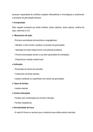possuem capacidade de modificar reações inflamatórias e imunológicas e acelerando
o processo de granulação tecidual.
● Composição
Óleo vegetal composto por ácido linoléico, ácido caprílico, ácido cáprico, lecitina de
soja, vitaminas A e E.
● Mecanismo de ação
-Promove quimiotaxia de leucócitos e angiogênese;
- Mantém o meio úmido e acelera o processo de granulação;
- Aplicação em pele íntegra forma uma película protetora;
- Previne escoriações devido a sua alta capacidade de hidratação;
- Proporciona nutrição celular local.
● Indicação
- Prevenção de úlcera por pressão;
- Tratamento de ferida abertas;
- Lesões cavitárias ou superficiais com tecido de granulação.
● Tipos de feridas
- Lesões abertas.
● Contra indicações
- Feridas com cicatrização por primeira intenção;
- Feridas neoplásicas.
● Periodicidade de troca
- A cada 24 horas ou sempre que a cobertura secundária estiver saturada.
 