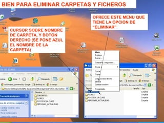 Solución:
DETALLE PASO A PASO DE CÓMO:
- CREAR NUEVOS OBJETOS: CARPETAS Y
FICHEROS:
1- Ir a la carpeta sobre la que queremos crear la
nueva carpeta o fichero, y meternos en ella.
2.- Y FUERA DE NOMBRES DE OBJETOS, dar botón
derecho para que aparezca el menú correspondiente a
crear nuevos objetos.
OJO: si lo hacermos sobre el nombre de la carpeta
el botón derecho, nos ofrecerá un menú
diferente.
3.- SEGUIR LOS PASOS QUE MARCA EL MENÚ.

 