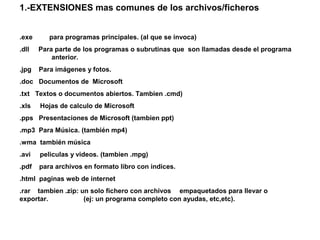 1.-EXTENSIONES mas comunes de los archivos/ficheros
.exe

para programas principales. (al que se invoca)

.dll

Para parte de los programas o subrutinas que son llamadas desde el programa
anterior.

.jpg

Para imágenes y fotos.

.doc Documentos de Microsoft
.txt Textos o documentos abiertos. Tambien .cmd)
.xls

Hojas de calculo de Microsoft

.pps Presentaciones de Microsoft (tambien ppt)
.mp3 Para Música. (también mp4)
.wma también música
.avi

peliculas y videos. (tambien .mpg)

.pdf

para archivos en formato libro con indices.

.html paginas web de internet
.rar tambien .zip: un solo fichero con archivos empaquetados para llevar o
exportar.
(ej: un programa completo con ayudas, etc,etc).

 
