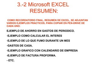 COMO RECORDATORIO FINAL, RESUMEN DE EXCEL, SE ADJUNTAN
VARIOS EJEMPLOS PRACTICOS, PARA COPIAR EN PEN-DRIVE DE
CADA UNO:
EJEMPLO DE AHORRO EN GASTOS DE PERIODICO.
-EJEMPLO COMO CALCULAR EL INTERES
-EJEMPLO DE LO QUE FUMO DURANTE UN MES
-GASTOS DE CASA.
-EJEMPLO GRAFICO CON CALENDARIO DE EMPRESA
-EJEMPLO DE FACTURA PROFORMA.
- ETC.
3.-2 Microsoft EXCEL
RESUMEN:
 