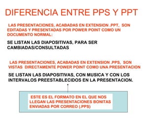 LAS PRESENTACIONES, ACABADAS EN EXTENSION .PPT, SON
EDITADAS Y PRESENTADAS POR POWER POINT COMO UN
DOCUMENTO NORMAL:
SE LISTAN LAS DIAPOSITIVAS, PARA SER
CAMBIADAS/CONSULTADAS
DIFERENCIA ENTRE PPS Y PPT
LAS PRESENTACIONES, ACABADAS EN EXTENSION .PPS, SON
VISTAS DIRECTAMENTE POWER POINT COMO UNA PRESENTACION
SE LISTAN LAS DIAPOSITIVAS, CON MUSICA Y CON LOS
INTERVALOS PREESTABLECIDOS EN LA PRESENTACION.
ESTE ES EL FORMATO EN EL QUE NOS
LLEGAN LAS PRESENTACIONES BONITAS
ENVIADAS POR CORREO (.PPS)
 