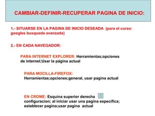 CAMBIAR-DEFINIR-RECUPERAR PAGINA DE INICIO:
1.- SITUARSE EN LA PAGINA DE INICIO DESEADA (para el curso:
googles busqueda avanzada)
PARA INTERNET EXPLORER: Herramientas;opciones
de internet;Usar la página actual
2.- EN CADA NAVEGADOR:
PARA MOCILLA-FIREFOX:
Herramientas;opciones;general, usar pagina actual
EN CROME: Esquina superior derecha
configuracion; al iniciar usar una pagina especifica;
establecer pagina;usar pagina actual
 