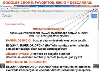 GOOGLES CROME: FAVORITOS, INICIO Y DESCARGAS:
MOSTAR MARCADAORES;
ESQUINA SUPERIOR DRCHA (RAYAS): MARCADORES;ACTIVAR CLICK EN
MOSTRAR BARRA DE MARCADORES
PAGINA DE INICIO: buscar pagina deseada y estando en ella:
ESQUINA SUPERIOR DRCHA (RAYAS): configuración; al iniciar
establecer pagina; usar pagina actual;aceptar;
AÑADIR FAVORITO: estrella de esquina superior
derecha;seleccionar nombre y carpeta (o dejar igual);y OK
DIRECTORIO DE DESCARGAS:
ESQUINA SUPERIOR DRECHA(RAYAS); configuracion;opciones
avanzadas;descargas;seleccionar directorio;cambiar y aceptar;r..
 