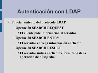 Autenticación con LDAP Funcionamiento del protocolo LDAP Operación SEARCH REQUEST El cliente pide información al servidor Operación SEARCH ENTRY El servidor entrega información al cliente Operación SEARCH RESULT El servidor indica al cliente el resultado de la operación de búsqueda. 