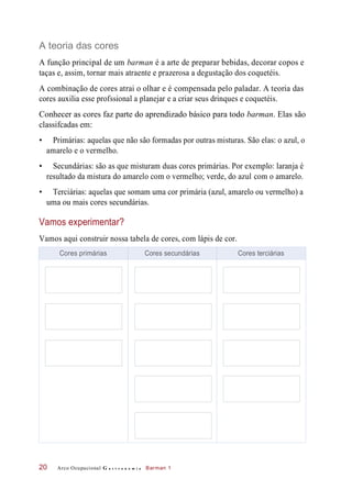A teoria das cores
A função principal de um barman é a arte de preparar bebidas, decorar copos e
taças e, assim, tornar mais atraente e prazerosa a degustação dos coquetéis.
A combinação de cores atrai o olhar e é compensada pelo paladar. A teoria das
cores auxilia esse profssional a planejar e a criar seus drinques e coquetéis.
Conhecer as cores faz parte do aprendizado básico para todo barman. Elas são
classifcadas em:
• Primárias: aquelas que não são formadas por outras misturas. São elas: o azul, o
amarelo e o vermelho.
• Secundárias: são as que misturam duas cores primárias. Por exemplo: laranja é
resultado da mistura do amarelo com o vermelho; verde, do azul com o amarelo.
• Terciárias: aquelas que somam uma cor primária (azul, amarelo ou vermelho) a
uma ou mais cores secundárias.
Vamos experimentar?
Vamos aqui construir nossa tabela de cores, com lápis de cor.
Arco Ocupacional G a s t r o n o m i a Barman 120
Cores primárias Cores secundárias Cores terciárias
 