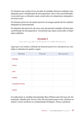 Barman 1
Os alimentos que contêm níveis elevados de umidade oferecem condições mais
adequadas para a multiplicação de microrganismos. Para evitar sua proliferação,
é necessário que os alimentos sejam conservados em temperaturas adequadas e
em locais secos.
Os alimentos perecíveis são aqueles passíveis de estragar quando não há condições
adequadas de armazenamento.
Os alimentos não perecíveis são secos, pois não possuem umidade sufciente para
a proliferação de microrganismos. Isso permite que sejam conservados à tempe-
ratura ambiente.
Atividade 2
i d e nti fi c aç ãO d e Pe recíve is e nãO Pe recíve is
Agora que você conhece a defnição de alimentos perecíveis e não perecíveis, clas-
sifque os alimentos do quadro a seguir.
Já conhecemos as medidas denominadas Boas Práticas para Serviços de Ali-
mentação, editadas pela Anvisa. Elas são necessárias para evitar, eliminar ou
reduzir a níveis aceitáveis as contaminações biológicas, físicas e químicas.
Arco Ocupacional G a s t r o n o m i a 67
Alimento Perecível Não perecível
Morango
Uísque
Leite
Abacaxi
Chocolate em barra
Iogurte
 
