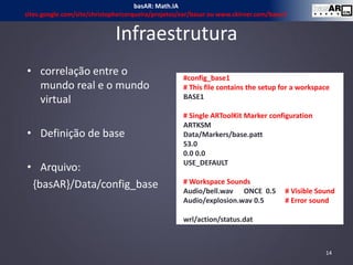 • correlação entre o
mundo real e o mundo
virtual
• Definição de base
• Arquivo:
{basAR}/Data/config_base
Infraestrutura
#config_base1
# This file contains the setup for a workspace
BASE1
# Single ARToolKit Marker configuration
ARTKSM
Data/Markers/base.patt
53.0
0.0 0.0
USE_DEFAULT
# Workspace Sounds
Audio/bell.wav ONCE 0.5 # Visible Sound
Audio/explosion.wav 0.5 # Error sound
wrl/action/status.dat
14
basAR: Math.IA
sites.google.com/site/christophercerqueira/projetos/ear/basar ou www.ckirner.com/basar/
 