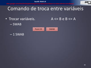 Comando de troca entre variáveis
• Trocar variáveis. A <= B e B <= A
– SWAB
– 1 SWAB
40
Point ID SWAB
basAR: Math.IA
sites.google.com/site/christophercerqueira/projetos/ear/basar ou www.ckirner.com/basar/
 