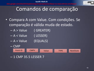 Comandos de comparação
• Compara A com Value. Com condições. Se
comparação é válida muda de estado.
– A > Value ( GREATER)
– A < Value ( LESSER)
– A = Value (EQUALS)
– CMP
– 1 CMP 35.5 LESSER 7
42
Point ID CMPV TYPE NextStateValue
basAR: Math.IA
sites.google.com/site/christophercerqueira/projetos/ear/basar ou www.ckirner.com/basar/
 